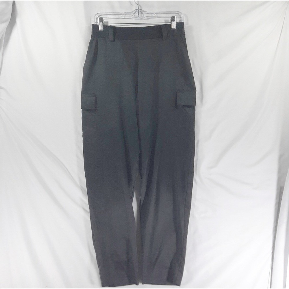Leith Black Satin Cargo Pants High Rise Tapered Side Zip Trousers Size M